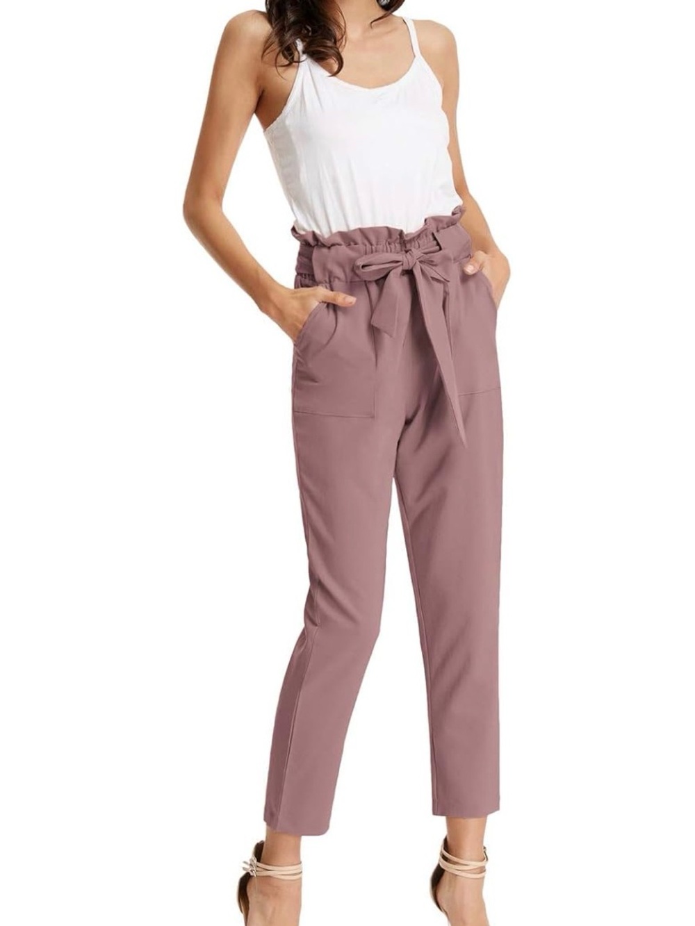 Grace Karin Puce Paperbag Waist Cropped Trousers with Tie